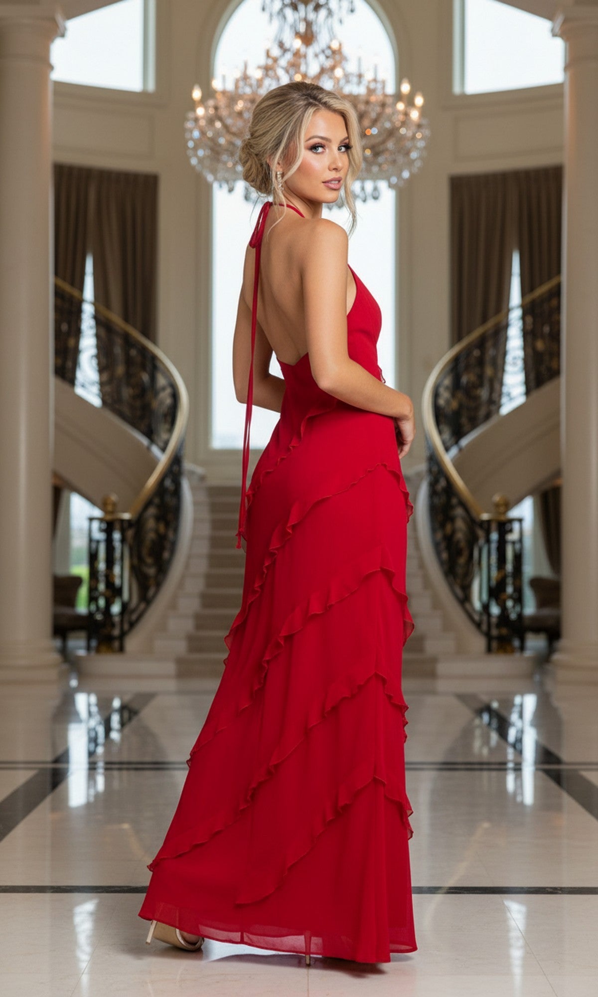 A woman in the Morgan 10228 long prom dress poses in a grand foyer with twin staircases, white columns, and a chandelier.
